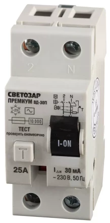 Выключатель дифференциальный &quot;УЗО&quot; СВЕТОЗАР &quot;ПРЕМИУМ&quot;, 2-полюсный, 25 A, &quot;AC&quot;, откл.диф.ток. 30 мА, 230В SV-49112-30-25 купить в Уфе