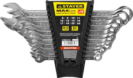 Набор: Ключ STAYER &quot;MASTER&quot; гаечный комбинированный, хромированный, 8-24 мм, 12 шт 27085-H12 купить в Уфе