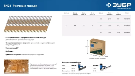 ЗУБР SN21 70 х 3.1 мм, реечные гвозди рифленые оцинкованные, 2400 шт (305396-70) купить в Уфе