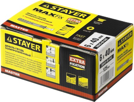 Дюбель-гвоздь полипропиленовый, потайный бортик, 6 x 40 мм, 125 шт, STAYER Master 30645-06-040 30645-06-040 купить в Уфе