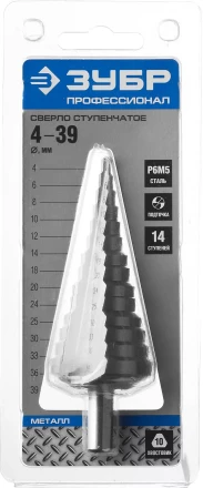 Сверло ЗУБР ступенчатое по сталям и цвет.мет.ст.Р6М5,d4- 39мм,14ступ.d4-39,L -113 мм, трехгран.хв. 10мм 29670-4-39-14 купить в Уфе