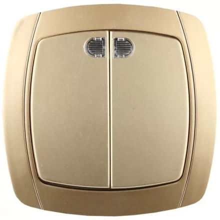 Выключатель СВЕТОЗАР "АКЦЕНТ" двухклавишный в сборе, с подсветкой, цвет золотой металлик, 10А/~250В SV-54235-GM купить в Уфе