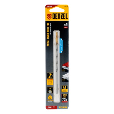 Сверло спиральное по металлу Denzel 5 х 132 мм, Р6М5, Golden Tip, удлиненное, 718254 купить в Уфе
