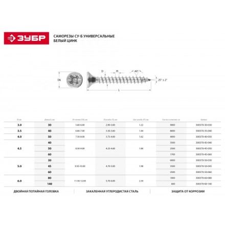 Саморезы СУ-Б универсальные, 50 x 4.5 мм, 2 500 шт, белый цинк, ЗУБР 300370-45-050 купить в Уфе