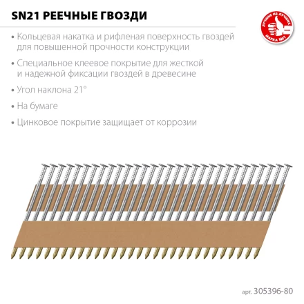 ЗУБР SN21 80 х 3.1 мм, реечные гвозди рифленые оцинкованные, 2010 шт (305396-80) купить в Уфе