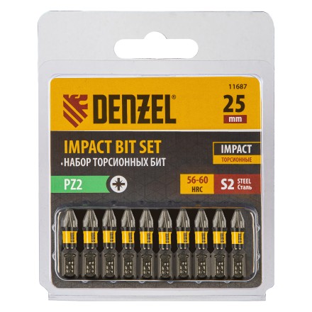 Бита IMPACT, PZ2x25 мм, лазерная обработка шлица, сталь S2, 10 шт., Е 6,3 Denzel 11687 купить в Уфе