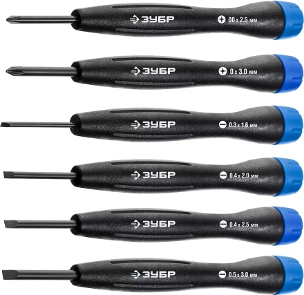 Набор отверток для точных работ TX-6 6 предметов ЗУБР(SL1.6 SL2 SL2.5 SL3 PH00 PH0) купить в Уфе