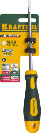 Отвертка KRAFTOOL, Cr-Mo-V сталь, двухкомпонентная противоскользящая рукоятка, SL, 6,0x125мм 250071-6.5-125 купить в Уфе