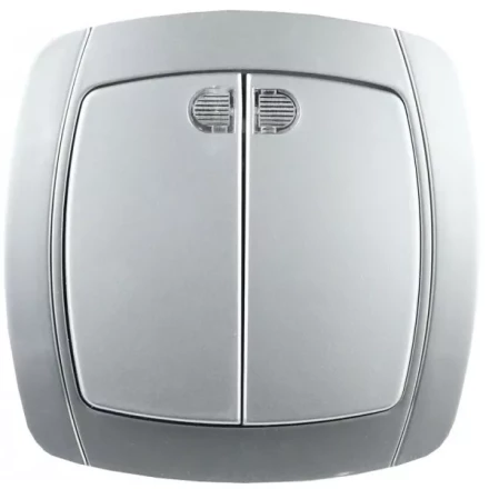 Выключатель СВЕТОЗАР "АКЦЕНТ" двухклавишный в сборе, с подсветкой, цвет серебристый металлик, 10А/~250В SV-54235-SM купить в Уфе