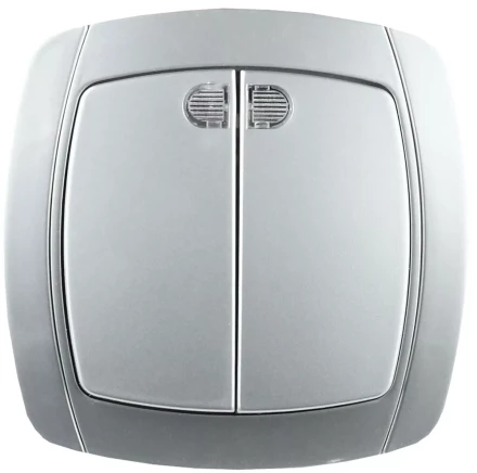 Выключатель СВЕТОЗАР "АКЦЕНТ" двухклавишный в сборе, с подсветкой, цвет серебристый металлик, 10А/~250В SV-54235-SM купить в Уфе