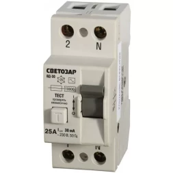 Выключатель дифференциальный "УЗО" СВЕТОЗАР, 2-полюсный, 25 A, "AC", откл. диф.ток. 30 мА, 230 В SV-49152-30-25