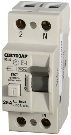 Выключатель дифференциальный &quot;УЗО&quot; СВЕТОЗАР, 2-полюсный, 25 A, &quot;AC&quot;, откл. диф.ток. 30 мА, 230 В SV-49152-30-25 купить в Уфе