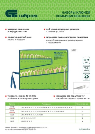 Набор ключей комбинированный 6-32 мм Сибртех 15445, 26 шт, желтый цинк купить в Уфе