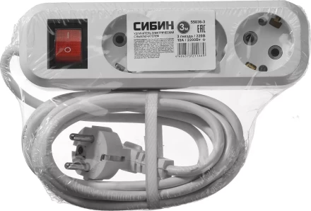 Удлинитель СИБИН электрический, ПВС сечение 0,75кв мм, 3 гнезда, макс мощн 2200Вт, 3м, заземление, выключатель 55036-3 купить в Уфе