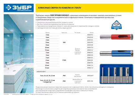 Сверло ЗУБР алмазное трубчатое по стеклу, зерно 100, 12мм 29860-12 купить в Уфе