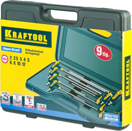 Набор KRAFTOOL Ключи &quot;INDUSTRIE&quot; имбусовые,Cr-Mo(S2),Т-образные, эргоном двухкомп рукоятка,HEX,с шариком,9 шт,в боксе 27454-H9 купить в Уфе