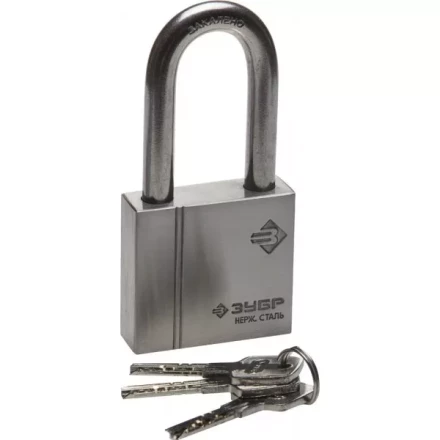 Замок ЗУБР &quot;ЭКСПЕРТ&quot; навесной, нержавеющая сталь (корпус и дужка), удлиненная закаленная дужка, 60мм 37290-60-1 купить в Уфе