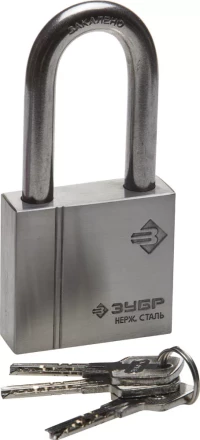 Замок ЗУБР &quot;ЭКСПЕРТ&quot; навесной, нержавеющая сталь (корпус и дужка), удлиненная закаленная дужка, 60мм 37290-60-1 купить в Уфе