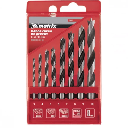 Набор сверл по дереву   3-4-5-6-7-8-9-10мм цилиндрический  хвостовик  пластиковый кейс MATRIX 70282 купить в Уфе