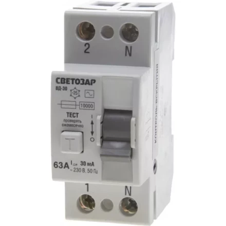 Выключатель дифференциальный &quot;УЗО&quot; СВЕТОЗАР, 2-полюсный, 63 A, &quot;AC&quot;, откл.диф.ток. 30 мА, 230 В SV-49152-30-63 купить в Уфе
