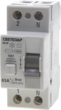 Выключатель дифференциальный &quot;УЗО&quot; СВЕТОЗАР, 2-полюсный, 63 A, &quot;AC&quot;, откл.диф.ток. 30 мА, 230 В SV-49152-30-63 купить в Уфе