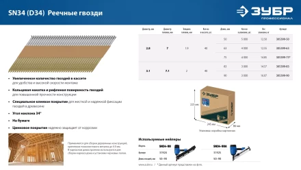 ЗУБР SN34 (D34) 63 х 2.8 мм, реечные гвозди рифленые оцинкованные, 4000 шт (305399-63) купить в Уфе