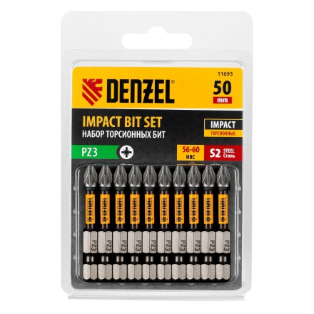 Бита IMPACT, PZ3x50 мм, лазерная обработка шлица, сталь S2, 10 шт., Е 6,3 Denzel 11693 купить в Уфе