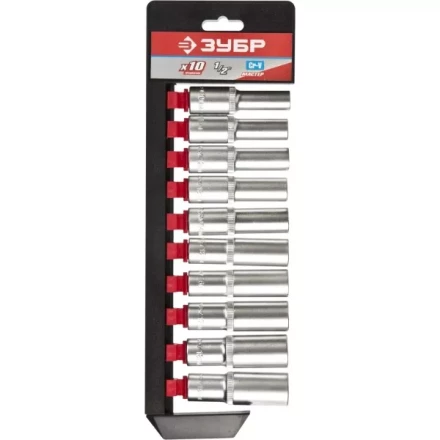 Набор ЗУБР &quot;МАСТЕР&quot;: Торцовые головки (1/2&quot;) удлиненные на пластиковом рельсе, Cr-V, 10-19мм, 10 предметов 27653-H10 купить в Уфе