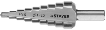 Сверло STAYER &quot;MASTER&quot; ступенчатое по сталям и цвет.мет., сталь HSS, d=4-20мм, 9ступ.d 4-20, L-75 мм,трехгран. хвост. 8мм 29660-4-20-9 купить в Уфе