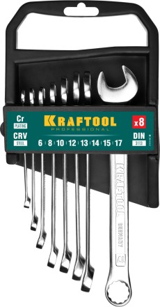 Наборы ключей комбинированных KRAFTOOL, Cr-V, DIN 3110, на пластиковой подвеске 27079-H8C купить в Уфе