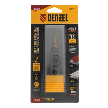 Сверло ступенчатое Denzel 723606, 4-6-8-10-12-14-16-18-20-22-24-26-28-30-32 мм, Р6М5, 6-гр. хвостовик купить в Уфе