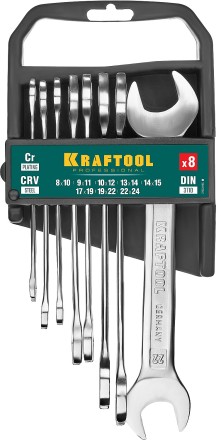 Наборы ключей гаечных рожковых KRAFTOOL, Cr-V, DIN 3110, на пластиковой подвеске 27033-H8C купить в Уфе