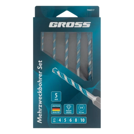 Набор сверл универсальных Gross 706017, Multipurpose PRO, 6-гр. хвостовик, 4-10мм, 5шт купить в Уфе