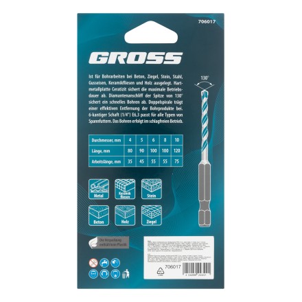 Набор сверл универсальных Gross 706017, Multipurpose PRO, 6-гр. хвостовик, 4-10мм, 5шт купить в Уфе