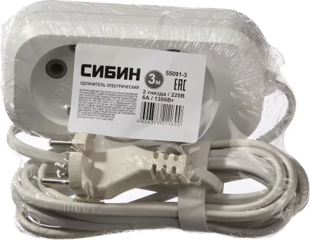 Удлинитель СИБИН электрический, ШВВП сечение 0,75кв мм, 2 гнезда, макс мощн 1300Вт, 3м 55091-3 купить в Уфе