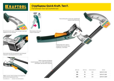 Струбцина KRAFTOOL, рычажная, быстрозажимная, тип &quot;F&quot;, 75х200 мм 32019-75-200 купить в Уфе