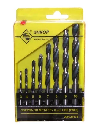 Набор сверл для металла HSS Ф3-10 мм 8 штук пластиковый футляр Энкор 21178 купить в Уфе