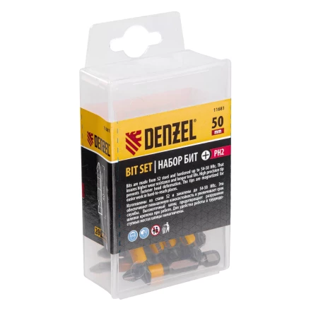 Бита PH2х25, сталь легированная S2, 20 шт., пластиковая коробка, , Е 6,3 Denzel 11681 купить в Уфе