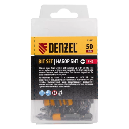 Бита PH2х25, сталь легированная S2, 20 шт., пластиковая коробка, , Е 6,3 Denzel 11681 купить в Уфе