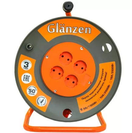 Удлинитель силовой на катушке GLANZEN 4 гн. ПВС 2х1,5 EB-50-006 купить в Уфе