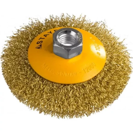 STAYER &quot;PROFESSIONAL&quot;. Щетка коническая для УШМ, витая стальная латунированная проволока 0,3мм, 100ммхМ14 35133-100 купить в Уфе