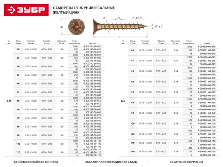 Шурупы ЗУБР &quot;МАСТЕР&quot; по дереву желтопассивированные, 5.0x70мм, 100шт 4-300391-50-070 купить в Уфе