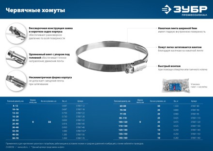 ЗУБР Х-9Н, 140 - 160 мм, накатная лента 9 мм, цинк, 10 шт, червячный хомут (37807-160) купить в Уфе