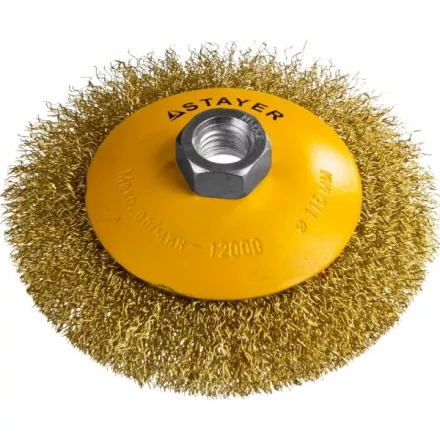 STAYER &quot;PROFESSIONAL&quot;. Щетка коническая для УШМ, витая стальная латунированная проволока 0,3мм, 115ммхМ14 35133-115 купить в Уфе
