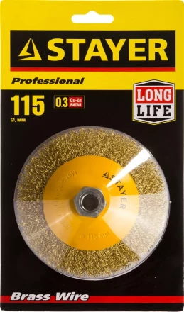 STAYER &quot;PROFESSIONAL&quot;. Щетка коническая для УШМ, витая стальная латунированная проволока 0,3мм, 115ммхМ14 35133-115 купить в Уфе