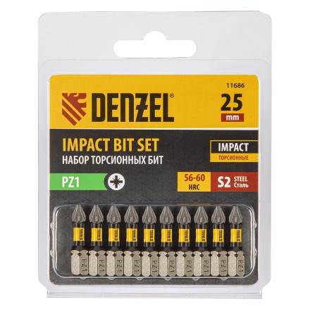 Бита IMPACT, PZ1x25 мм, лазерная обработка шлица, сталь S2, 10 шт., Е 6,3 Denzel 11686 купить в Уфе