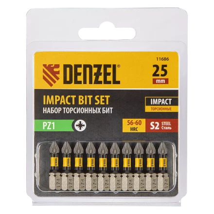 Бита IMPACT, PZ1x25 мм, лазерная обработка шлица, сталь S2, 10 шт., Е 6,3 Denzel 11686 купить в Уфе