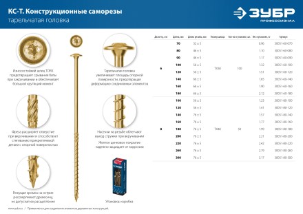 ЗУБР КС-Т, 300 х 8.0 мм, TX40, тарельчатая головка, желтый цинк, 50 шт, конструкционный саморез, Профессионал (30051-80-300) купить в Уфе