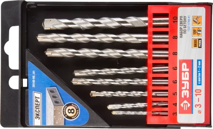 Набор ЗУБР Сверла по бетону ударные, 3-4-5-6-6-8-8-10 мм, пластиковый бокс, 8шт 29140-H8_z01 купить в Уфе