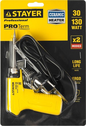 Паяльник с пистолетной пластмассовой рукояткой, STAYER &quot;PROFI&quot; PROTerm, 55308-130, 30 - 130 Вт, с керамическим нагревательным элементом 55308-130 купить в Уфе